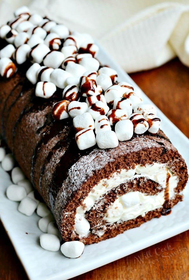 Hot Chocolate Cake Roll  on a serving platter 