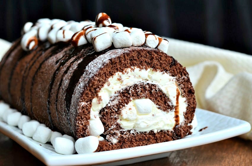 Hot Chocolate Cake Roll  on a serving platter 