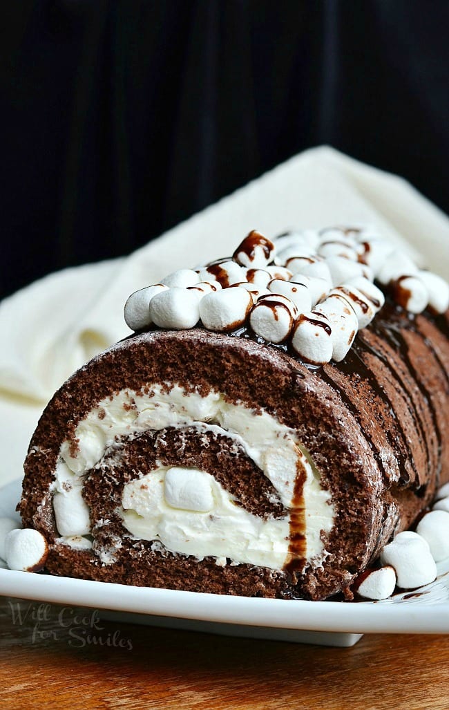 Hot Chocolate Cake Roll  on a serving platter 