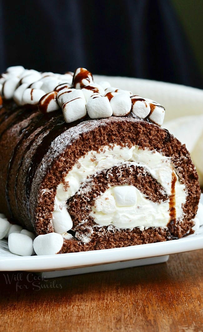 Hot Chocolate Cake Roll  on a serving platter 