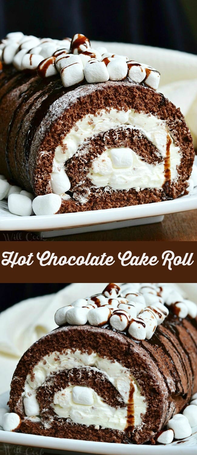 Hot Chocolate Cake Roll  on a serving platter collage 