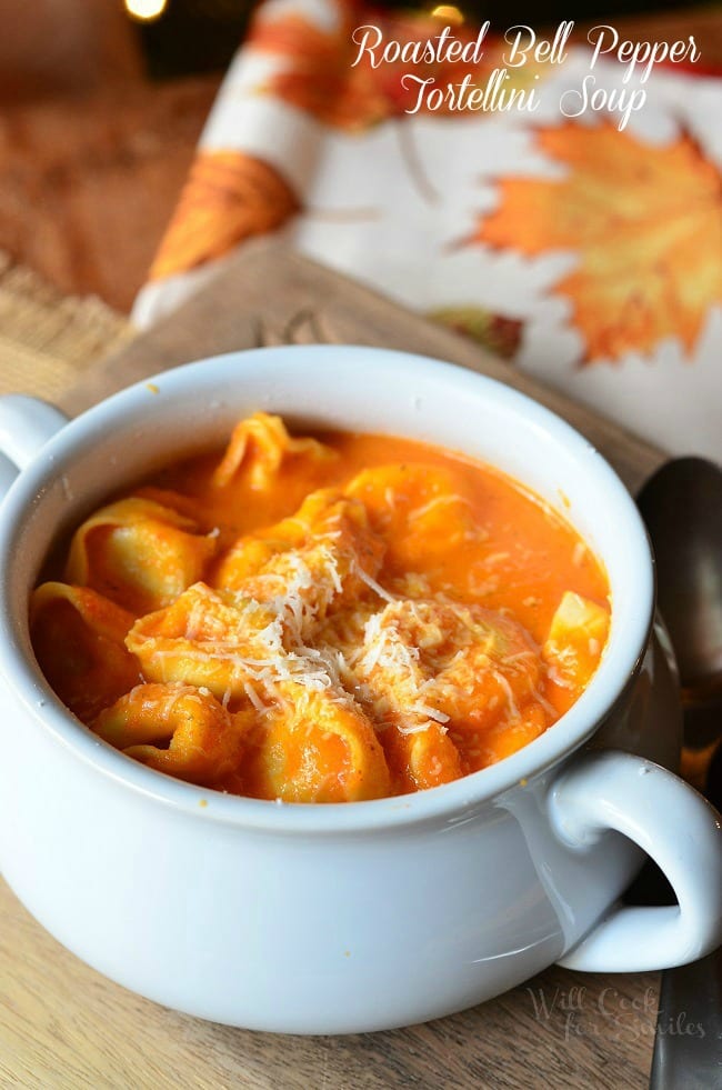 Roasted Bell Pepper Tortellini Soup in a white soup bowl 