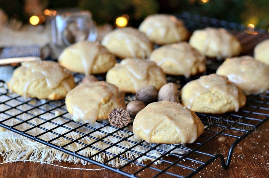 Eggnog Cookies with Eggnog Glaze on a cooling rack 