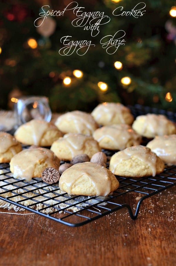 Eggnog Cookies with Eggnog Glaze on a cooling rack 