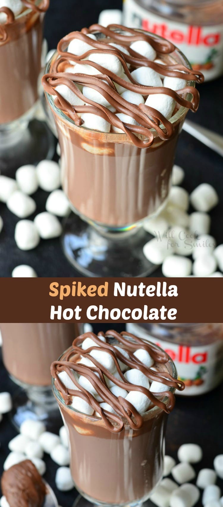 Spiked Nutella Hot Chocolate. Amazing Hot Chocolate made with Nutella, spiked with hazelnut and coffee liqueurs, topped with marshmallows and more Nutella! #hotcocoa #hotchocolate #nutella #cocktail #holidaydrink #chocolate