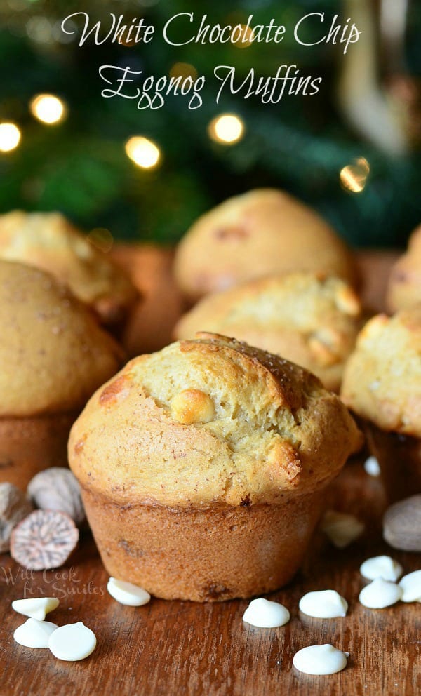 White Chocolate Chip Eggnog Muffins on a table 