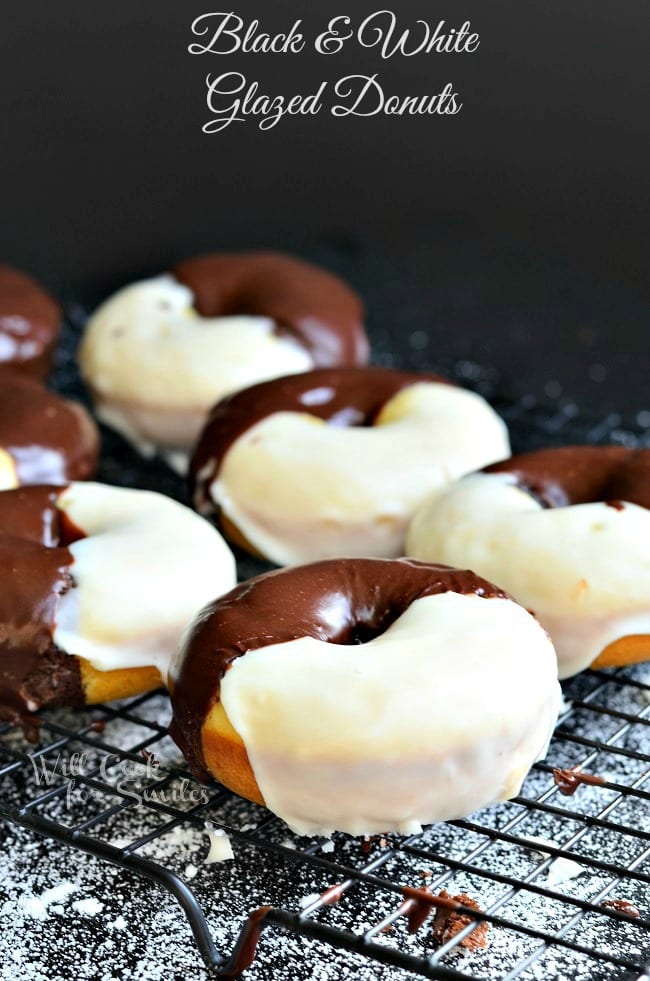 Black & White Glazed Donuts. These are Black & White Glazed Donuts, inspired by the ever-so-delicious black and white cookies. Donuts that are half chocolate and half vanilla topped with chocolate glaze and vanilla glaze. | from willcookforsmiles.com