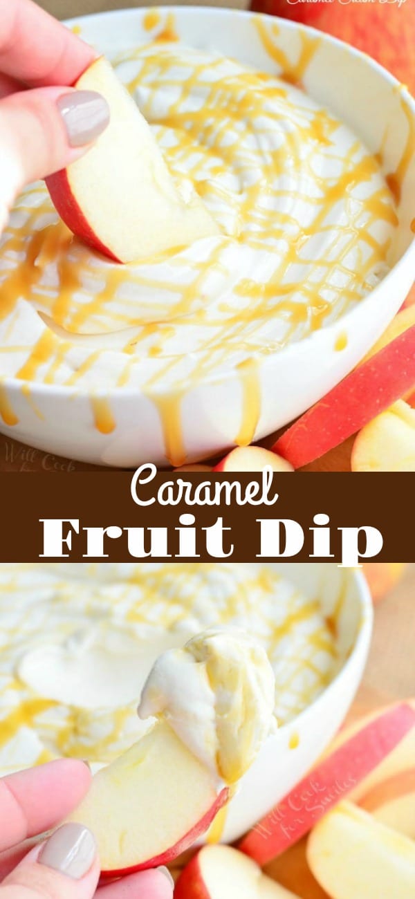 Caramel Cheesecake Fruit Dip. Light cream cheese, caramel creamer, fat free yogurt, and light caramel are all whipped to a delicate and smooth perfection making this dip out-of-this-world. #dip #dessert #fruitdip #creamcheese #caramel #skinny