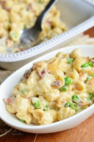 Creamy White Macaroni & Cheese with Peas Onions & Bacon - Will Cook For ...