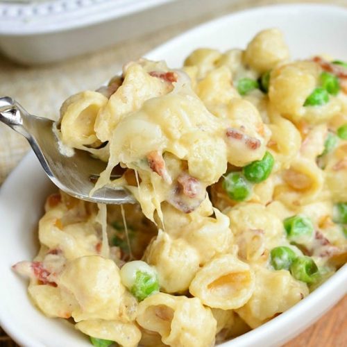 Creamy White Macaroni & Cheese with Peas Onions & Bacon Will Cook For