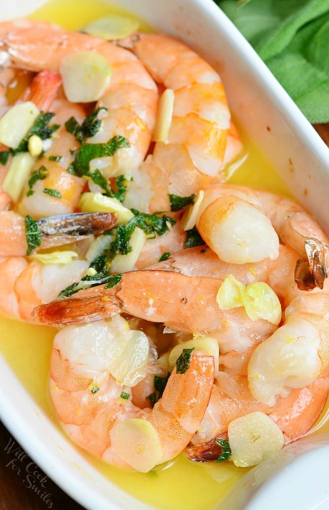 Garlic Butter Shrimp. Juicy jumbo shrimp baked with garlic, lemon zest, fresh sage and butter. #shrimp #seafood #dinner 
