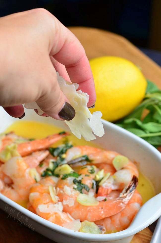 Garlic Shrimp. Juicy jumbo shrimp baked with garlic, lemon zest, fresh sage and butter. #shrimp #seafood #dinner 