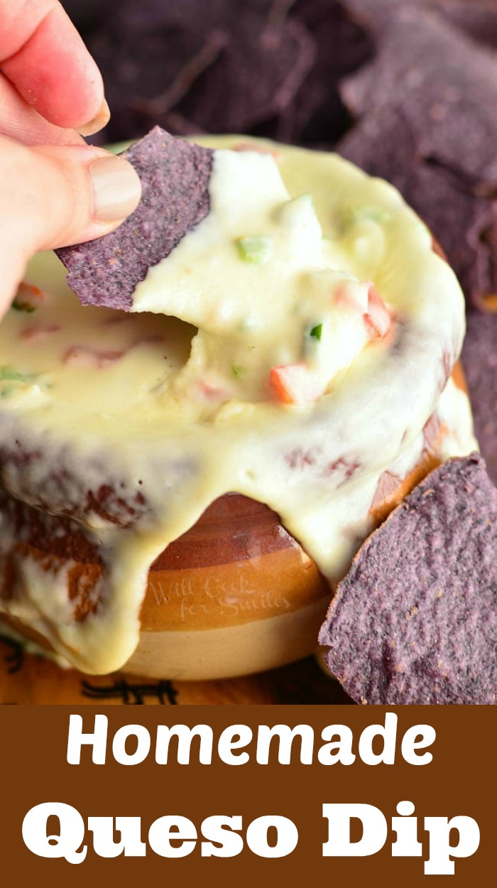 closeup of dipping tortilla cheese into the queso and tittle below. 