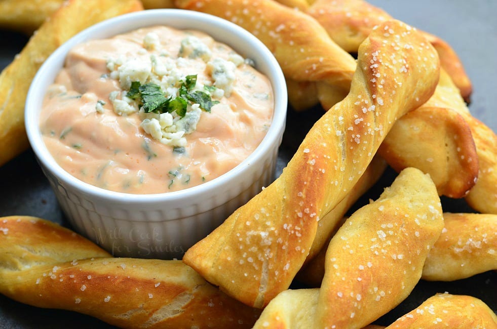 Homemade Soft Pretzel Twists with Creamy Buffalo Sauce 3 from willcookforsmiles.com