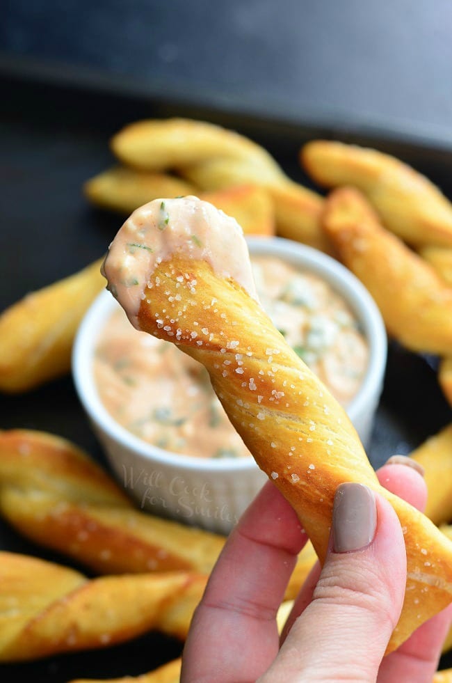 Homemade Soft Pretzel Twists with Creamy Buffalo Sauce 4 from willcookforsmiles.com