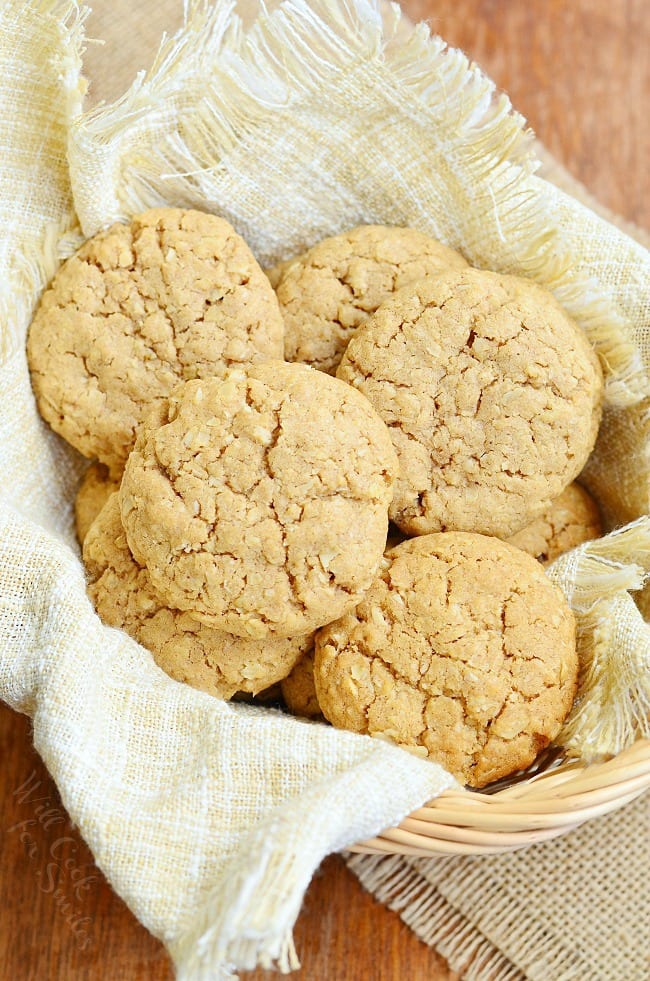 view from above of a basket filled with soft almond butter oatmeal cookies