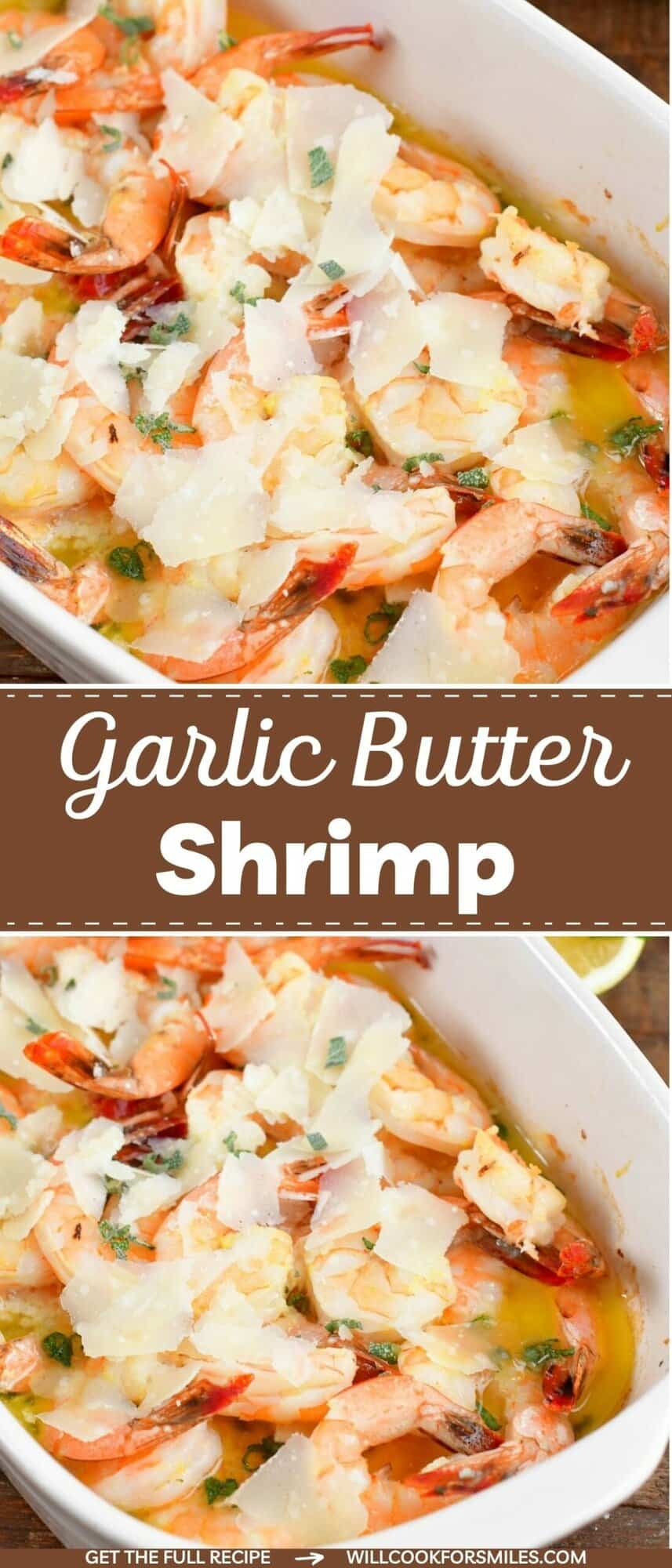 collage of two images of closeup baked shrimp and title.
