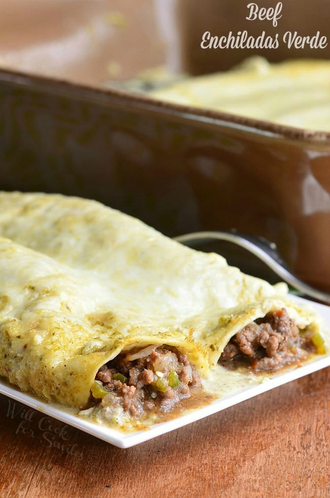 Beef Enchiladas Verde on a white plate 