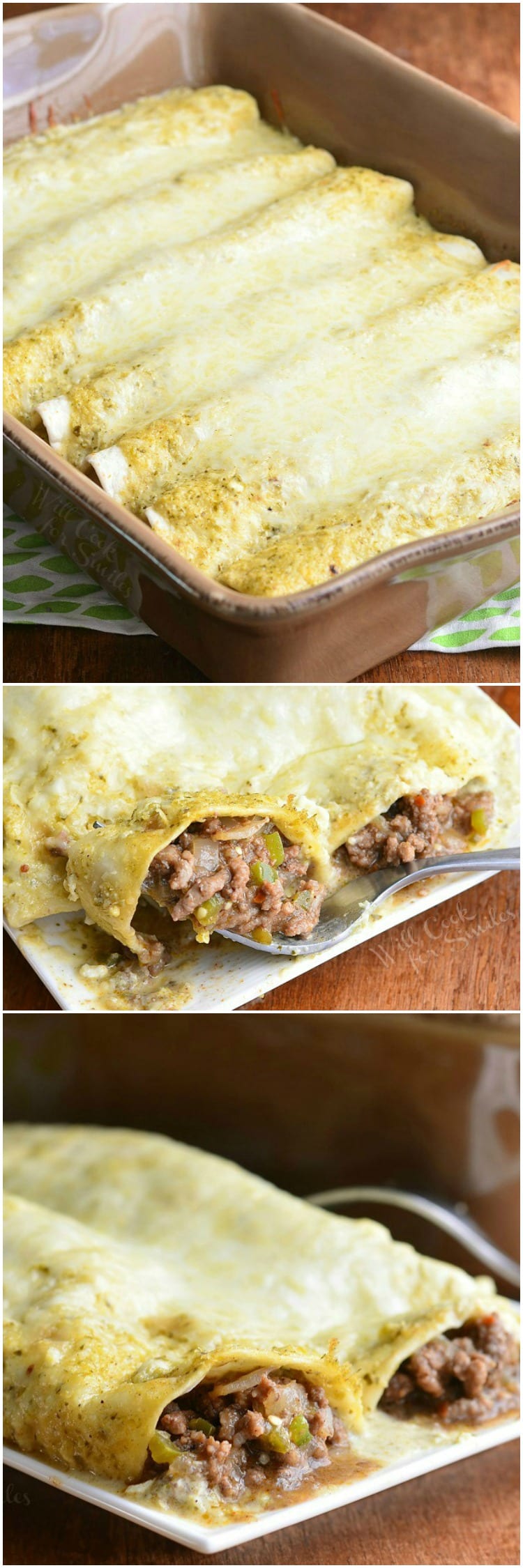 Beef Enchiladas Verde collage top photo in the casserole dish, 2nd photo on a plate with a fork scooping some out, bottom photo enchiladas on a plate 