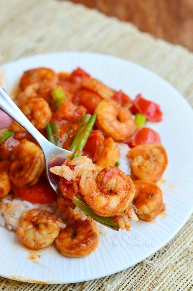 Cajun Shrimp over Rice on a plate with green onions on top with some on a fork 