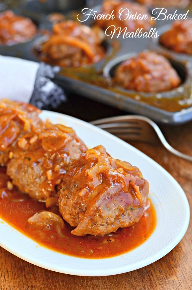 French Onion Baked Meatballs on a white plate 