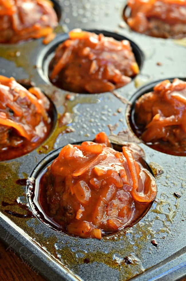 French Onion Baked Meatballs in a muffin tin 