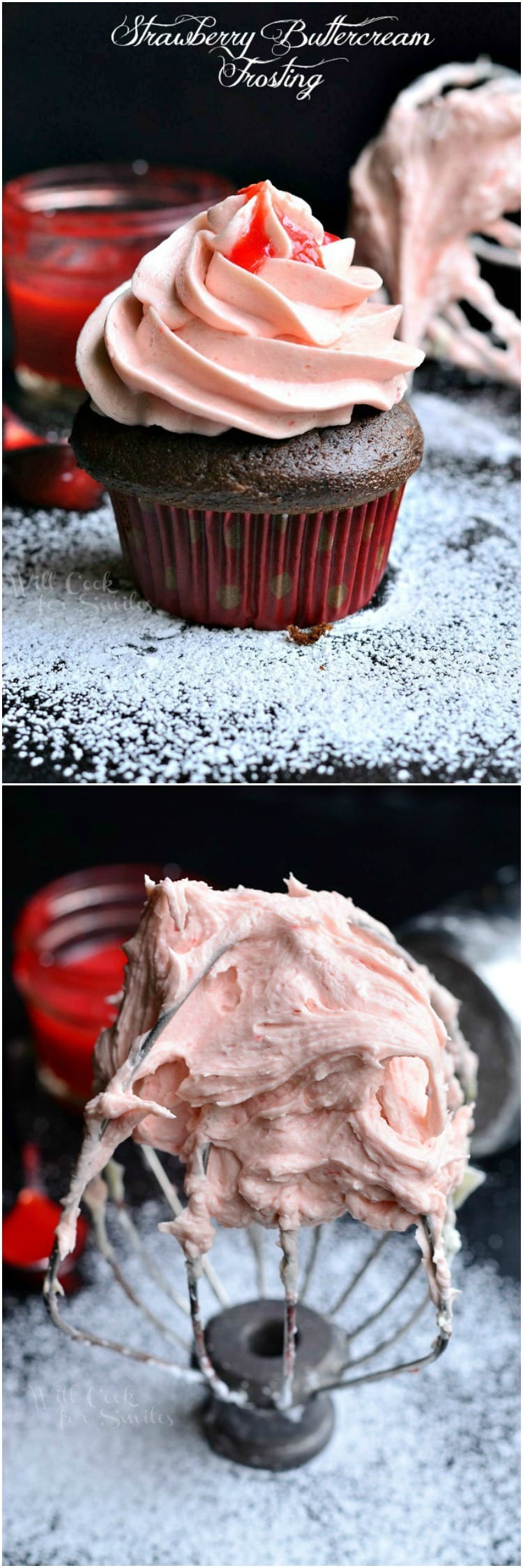 Strawberry Buttercream Frosting on a mixer whisk 