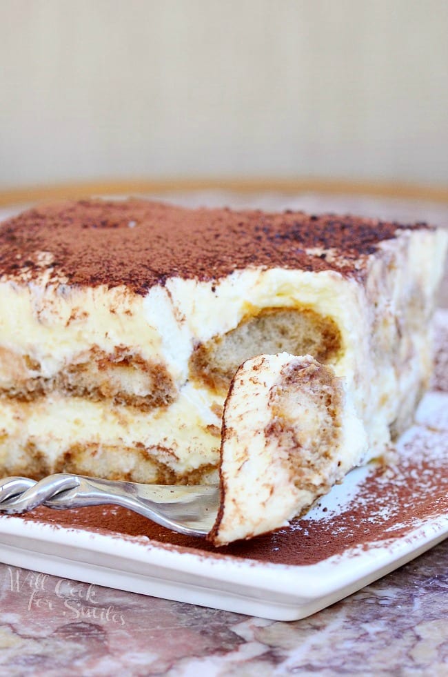 Tiramisu on a plate with a fork 