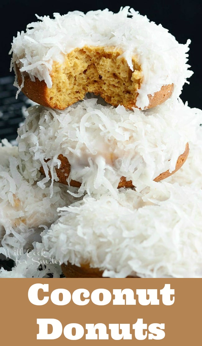 Baked Coconut Donuts stacked together 