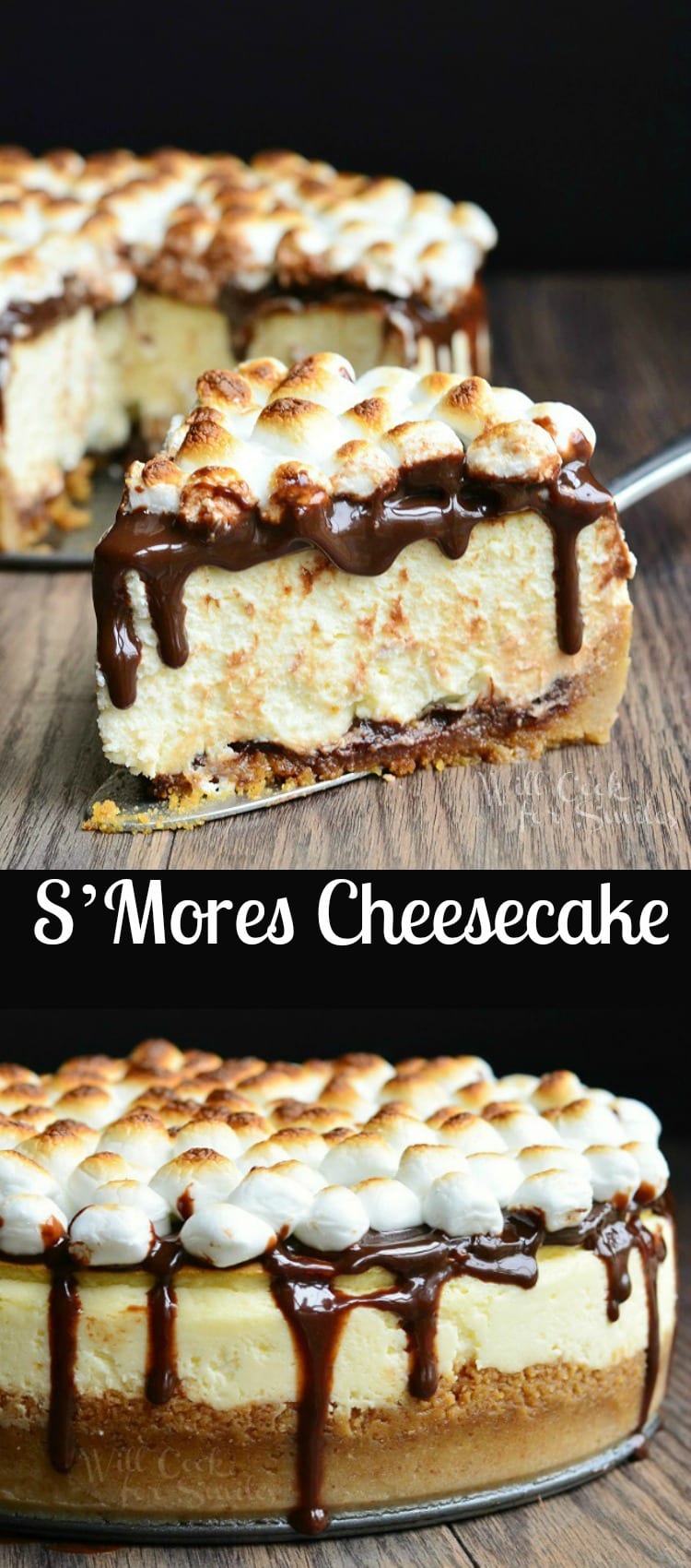 S'Mores Cheesecake with mini marshmallows on top with chocolate sauce over it 