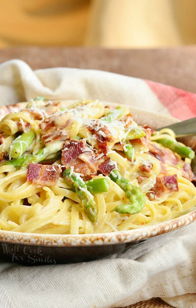 Bacon Asparagus Pasta Carbonara on a plate 