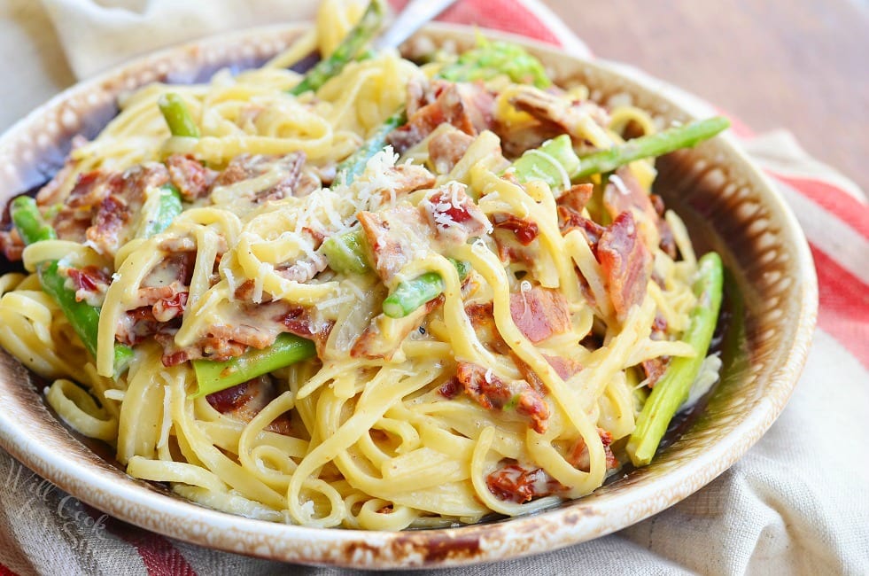 Bacon Asparagus Pasta Carbonara on a plate 