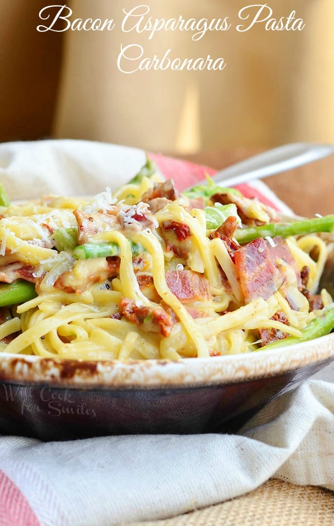 Bacon Asparagus Pasta Carbonara on a plate 