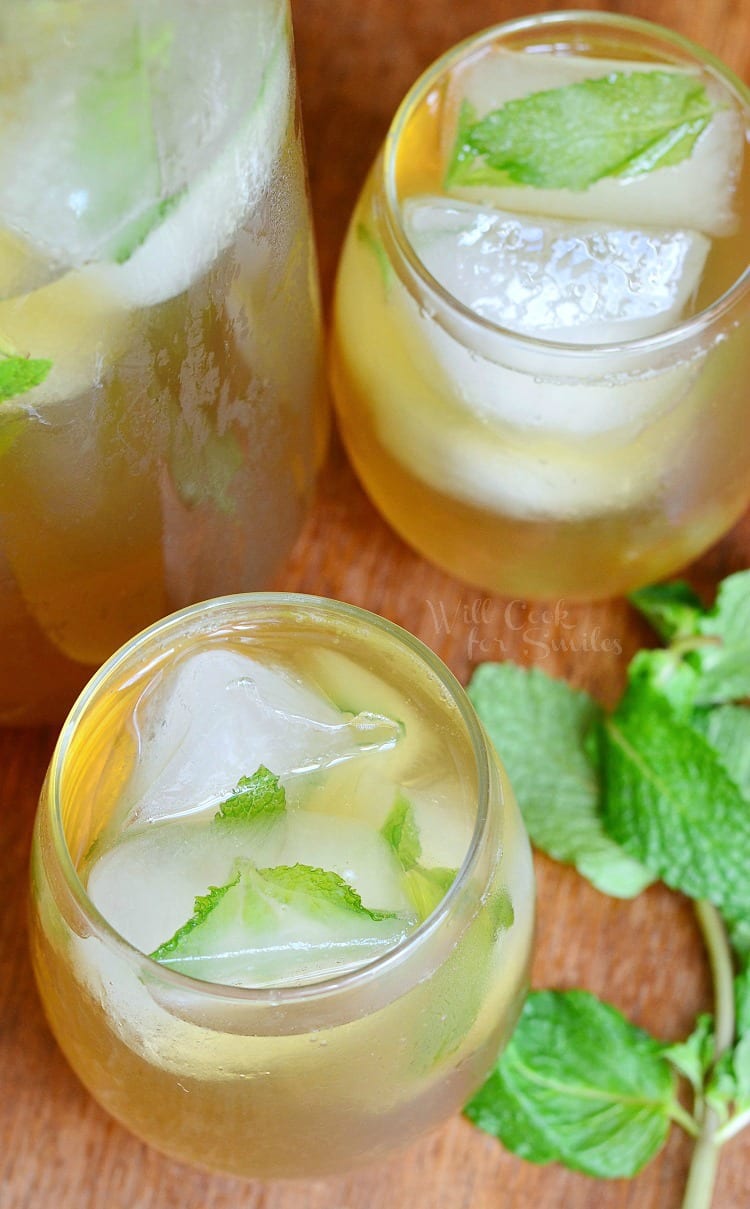 top view of Honey Mint Green Iced Tea in a glass with mint leaves on top 