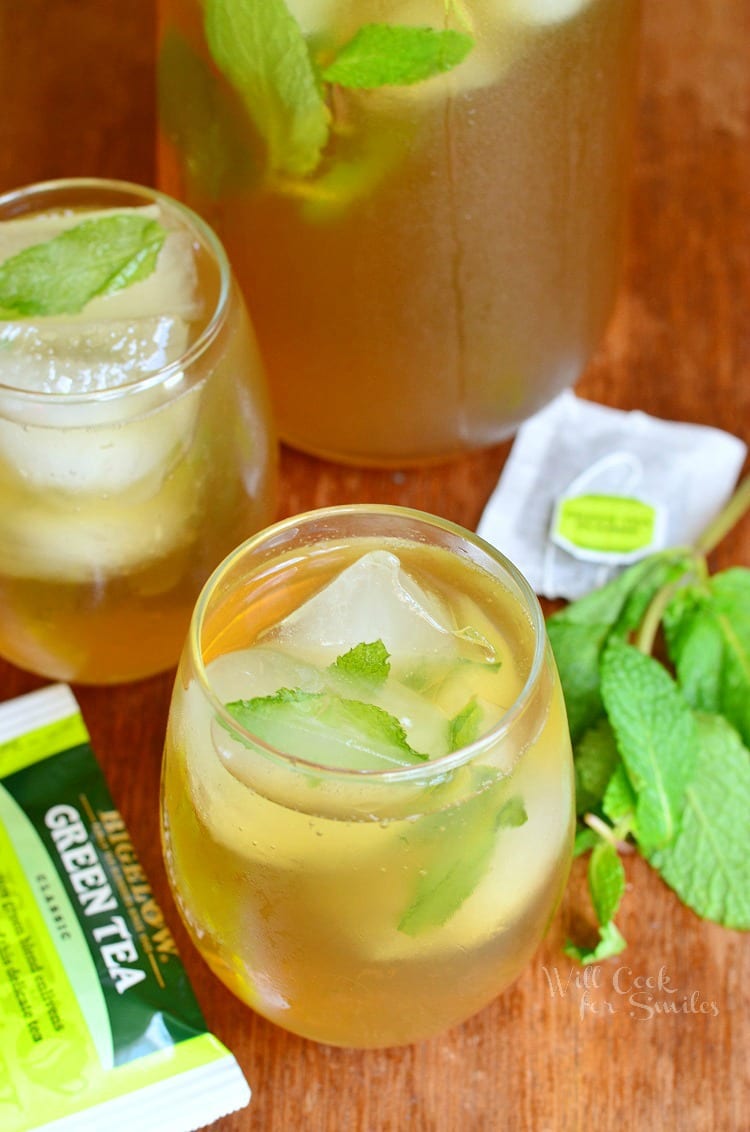 top view of Honey Mint Green Iced Tea in a glass with mint leaves on top 