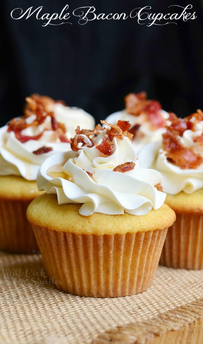 Maple Bacon Cupcakes with frosting and bacon crumbles on top 