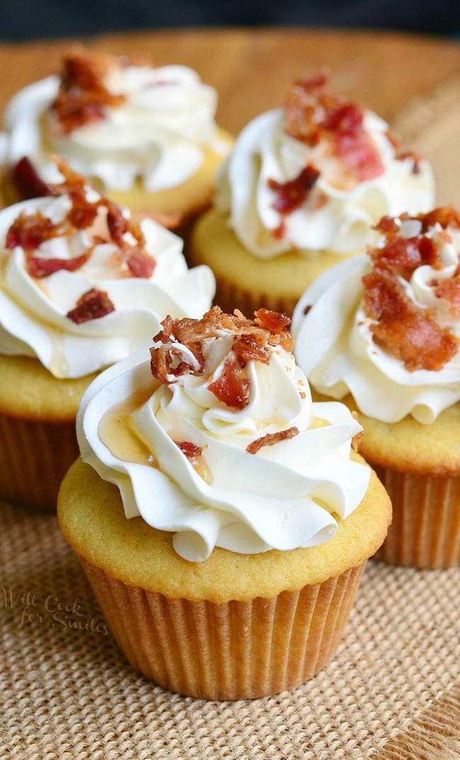 Maple Bacon Cupcakes with frosting and bacon crumbles on top 