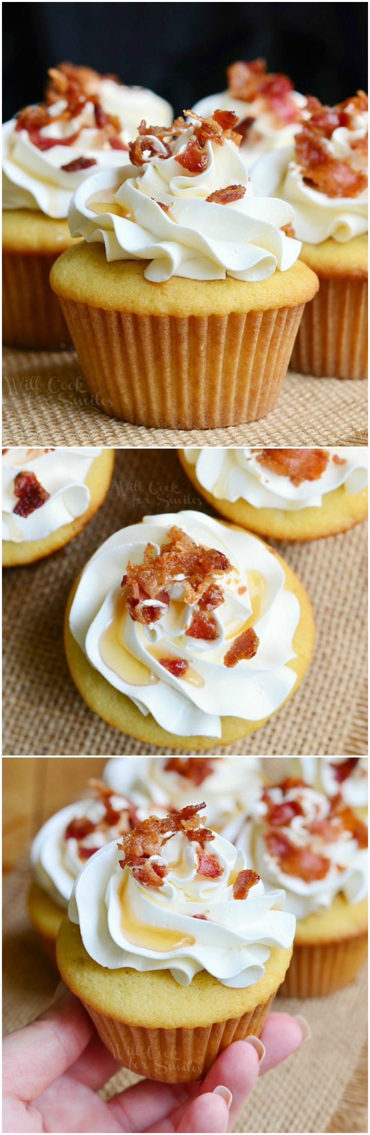 Maple Bacon Cupcakes with frosting and bacon crumbles on top collage 