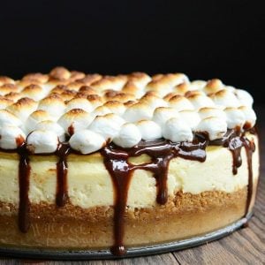 Smores cheesecake on a wooden table