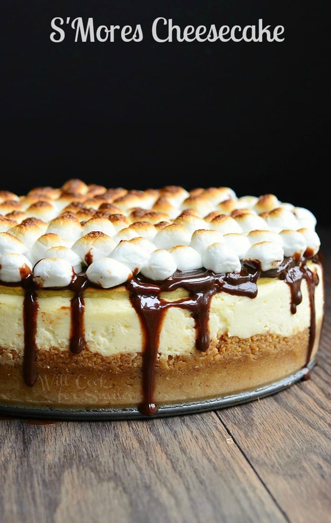 Side view of S'Mores Cheesecake, which sits on the bottom pan. Chocolate drips down the sides of this cheesecake. The top is covered with toasted marshmallows.