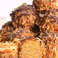 several Samoas cookie truffles on a white plate with toasted coconut flakes laying in the foreground
