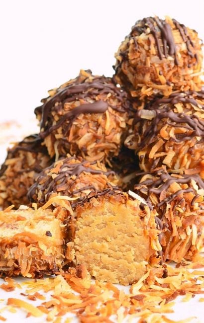 Samoas Cookie Truffles stacked up together 