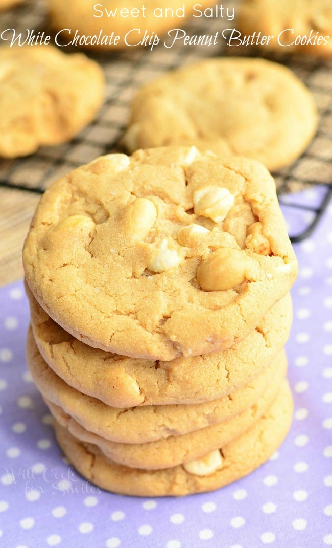 Peanut Butter White Chocolate Cookies stacked up on a napkin  