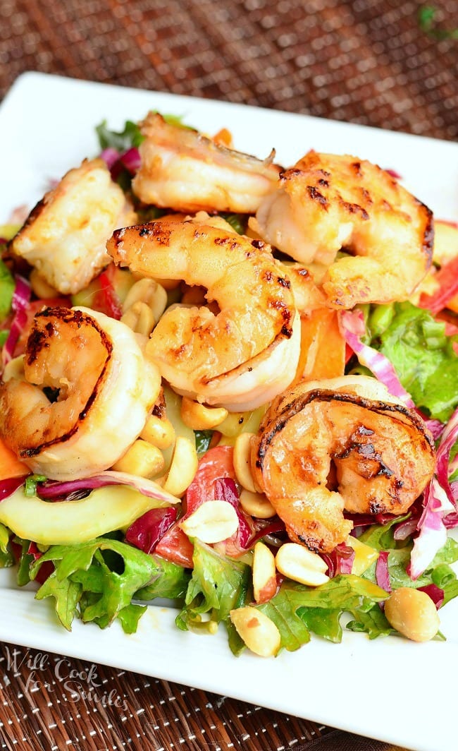 Thai Shrimp Salad with Peanut Dressing on a plate 