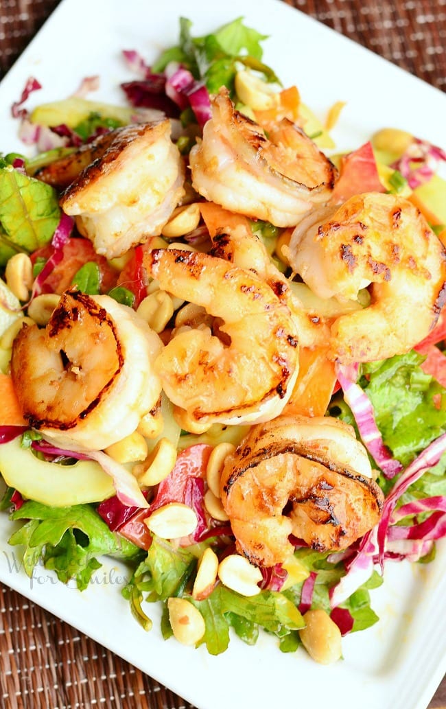 top view of Thai Shrimp Salad with Peanut Dressing on a plate 