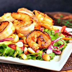 close up view from the front of thai shrimp salad with peanut dressing on a red bamboo placemat and salad is on a white square plate and a fork is leaning on the right side of the plate