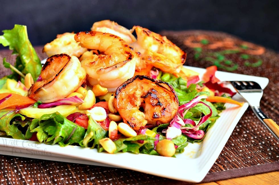 Thai Shrimp Salad with Peanut Dressing on a plate 