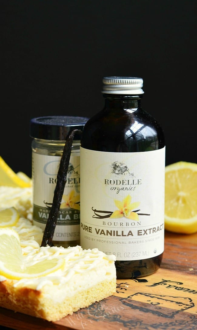 Vanilla Bean Lemon Cheesecake Bars and a jar of bodelle pure vanilla extract 