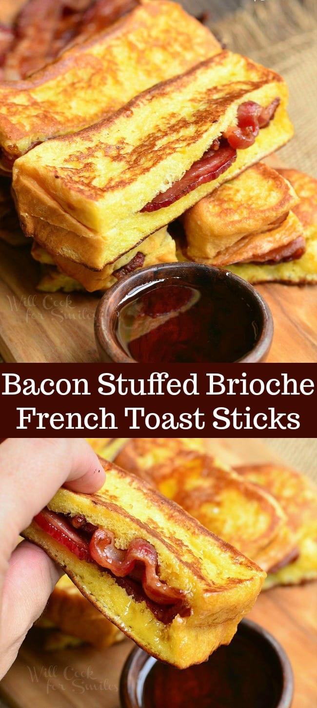 long collage of two photos of stacked french toast sticks on top and holding a one on the bottom