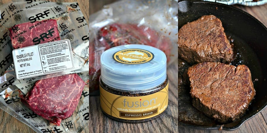 Espresso Rubbed Ribeye Filets Collage from Snake River Farms 1st photo ribeye steak in a bag, 2nd photo expresso rub in a jar, 3rd photo filets cooked in a cast iron pan 